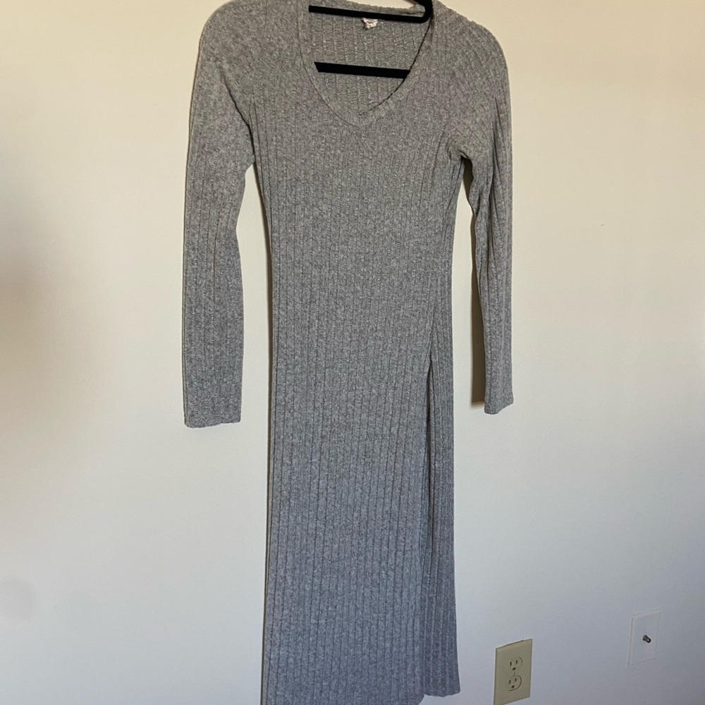 Gray Ribbed maxi felt Long Sleeve V-Neck Dress